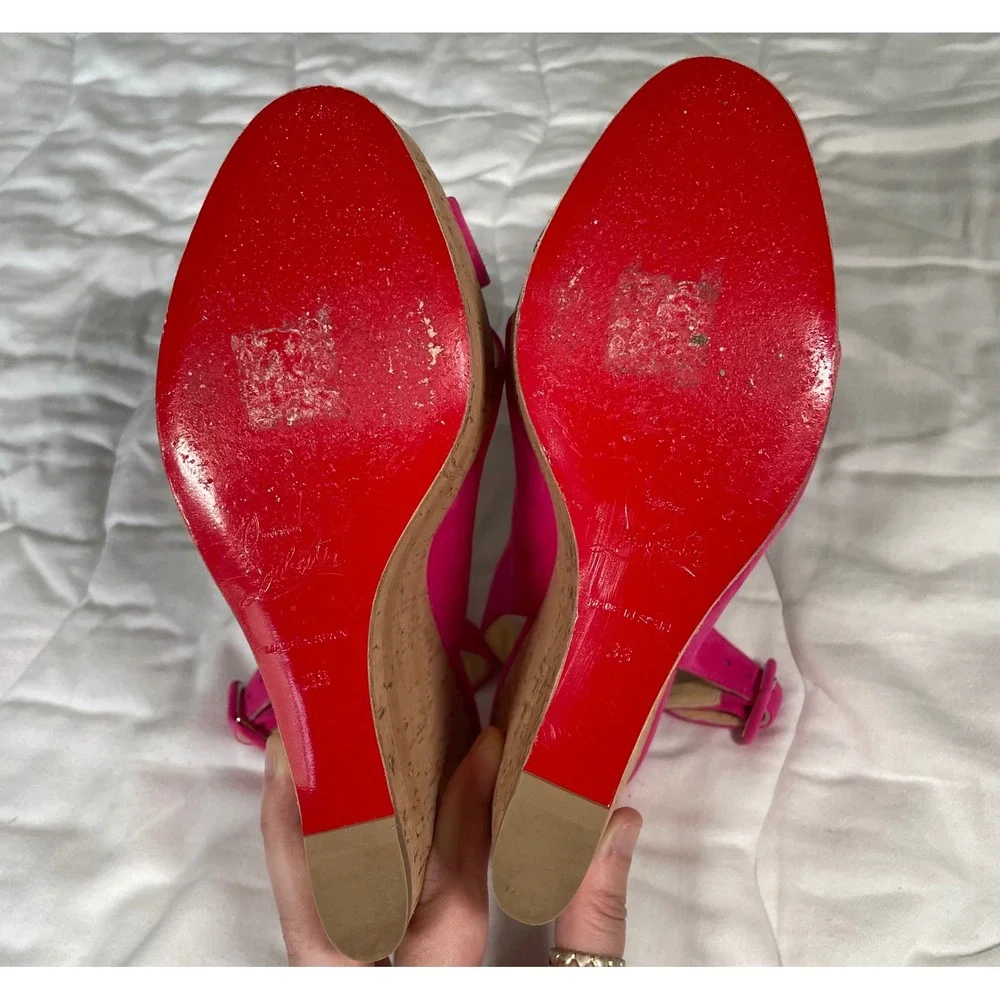 Christian Louboutin Pink Suede Cork Platform Wedge Sandals Size 38 Red Bottoms